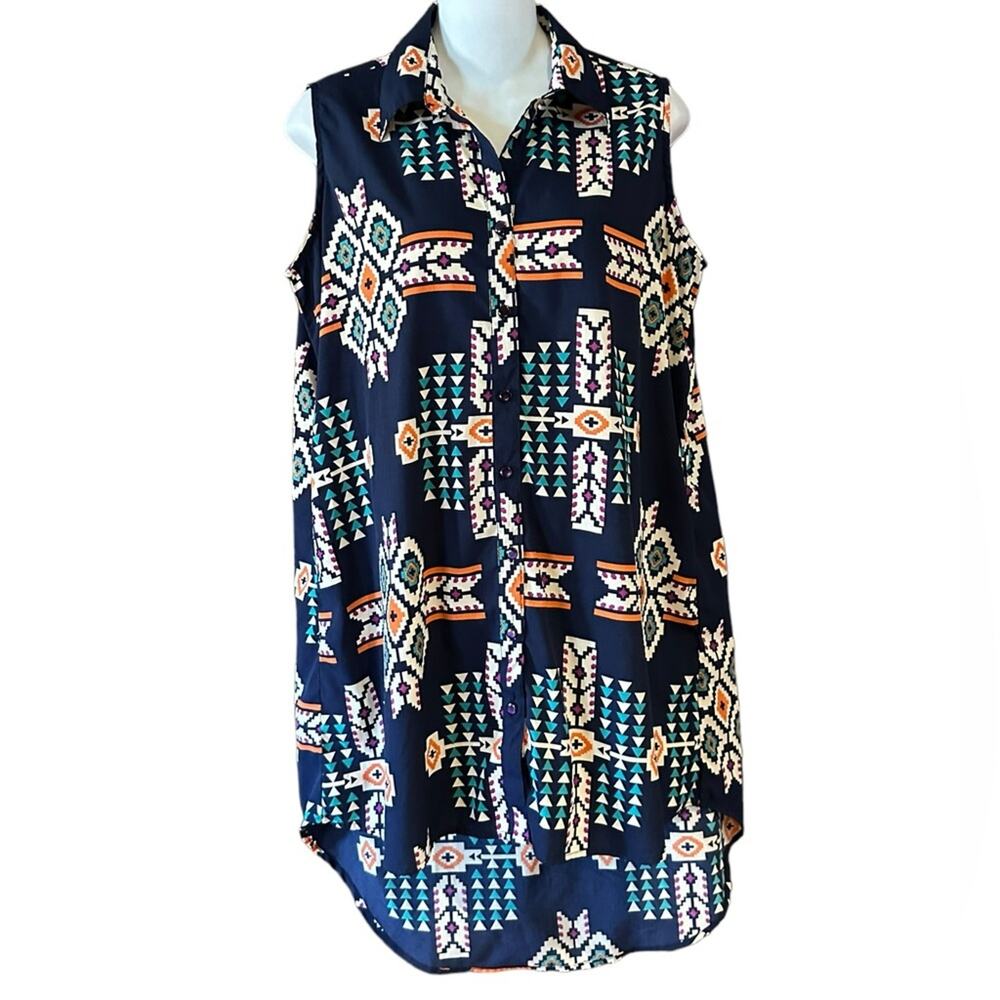 Pink Cattlelac Women’s Large Sleeveless Aztec Tunic Top Navy